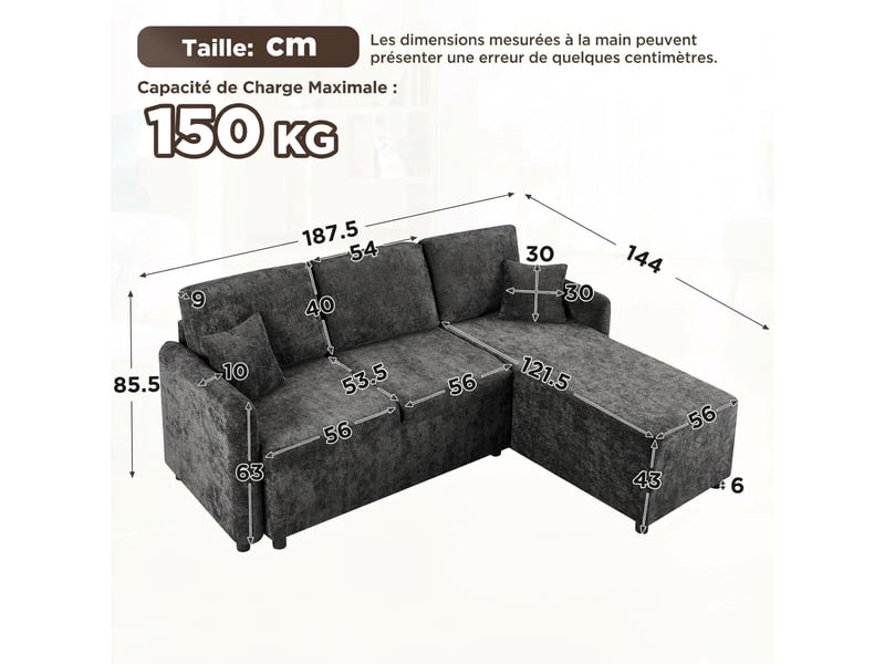  Canapé d'angle 3 places en l avec méridienne 144 cm, revêtement en chenille douce, 2 coussins inclus  - Conforama C