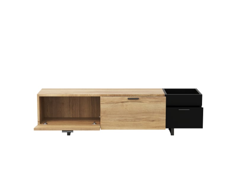  Meuble tv moderne bois naturel et noir – niches ouvertes, grands tiroirs et rangement fermé, salon et espace média  - Conforama D