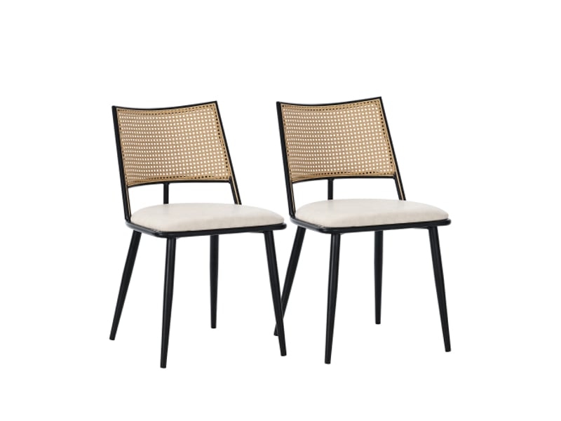  Lot de 2 chaises de salle à manger, assise en polyuréthane, dossier en rotin, pour salon ou chambre, noires  - Conforama A