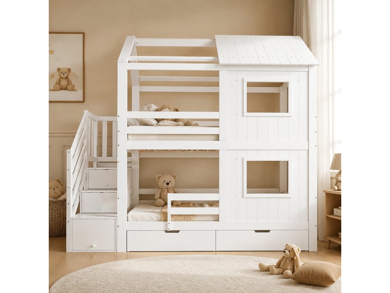  Lit superposé enfant blanc 90 x 200 cm avec escalier de rangement et tiroir à roulettes  - Conforama C