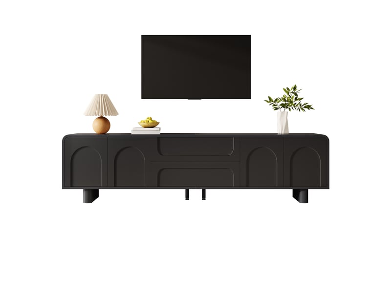  Meuble tv noir 180 cm avec rangements 4 portes 2 tiroirs design minimaliste bords arrondis  - Conforama A