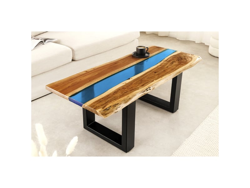  Table basse rectangulaire laguna en bois d'acacia massif et résine époxy bleue – design rivière avec pieds métal noir  - Conforama D
