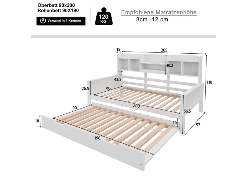  Lit banquette gigogne 90x200 cm avec couchage 90x190 cm et rangement, blanc  - Conforama C