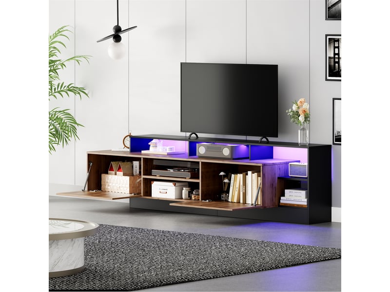 Meuble tv 190 cm pour écran jusqu'à 70 pouces, bois et noir, avec led app - Conforama D