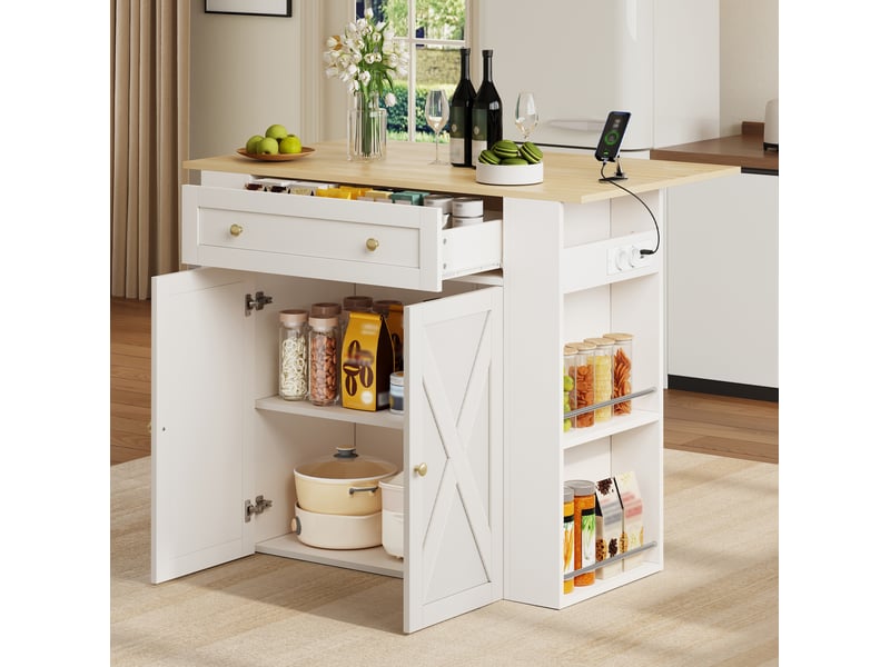  Îlot de cuisine extensible 120x75x97 cm avec prises usb, blanc  - Conforama B