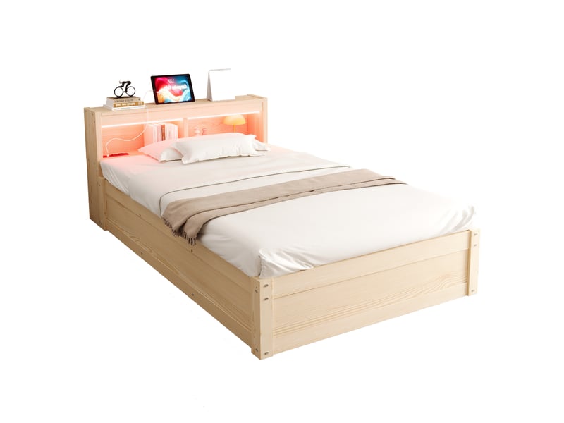 Lit simple 90x200 cm - lit coffre hydraulique - tête de lit avec led multicolore - prise électrique - rangements intégrés - bois - Conforama A