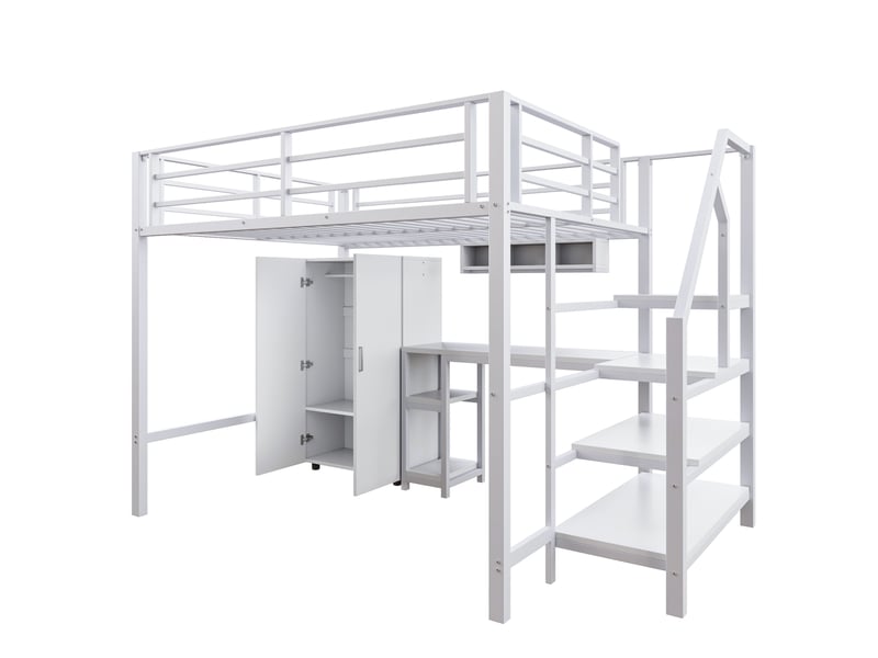 Lit mezzanine blanc 140x200 cm avec bureau, armoire, étagères et échelle rangement - Conforama D