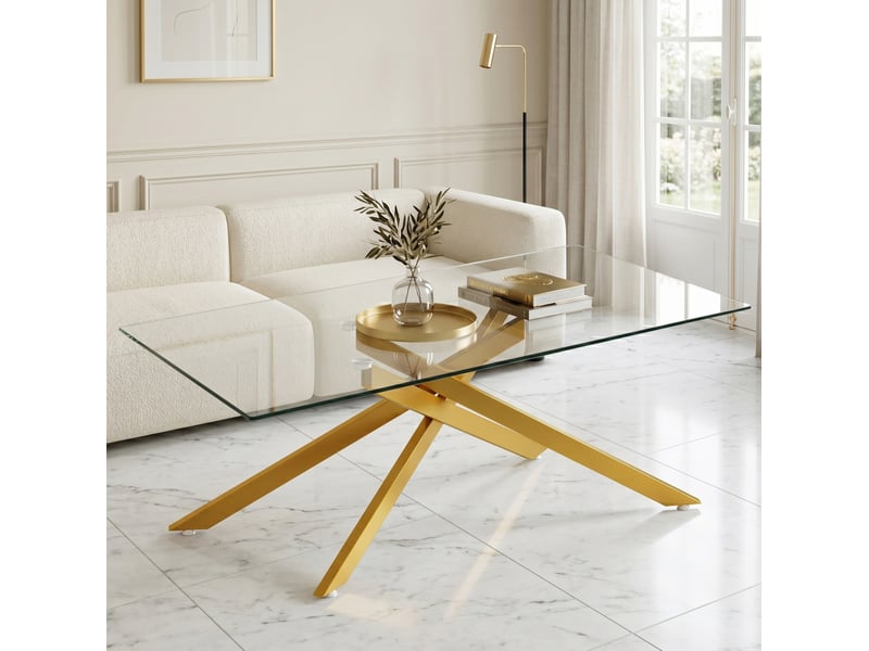  Table basse rectangulaire 120x60 cm en verre trempé et métal doré, hauteur 46 cm  - Conforama B