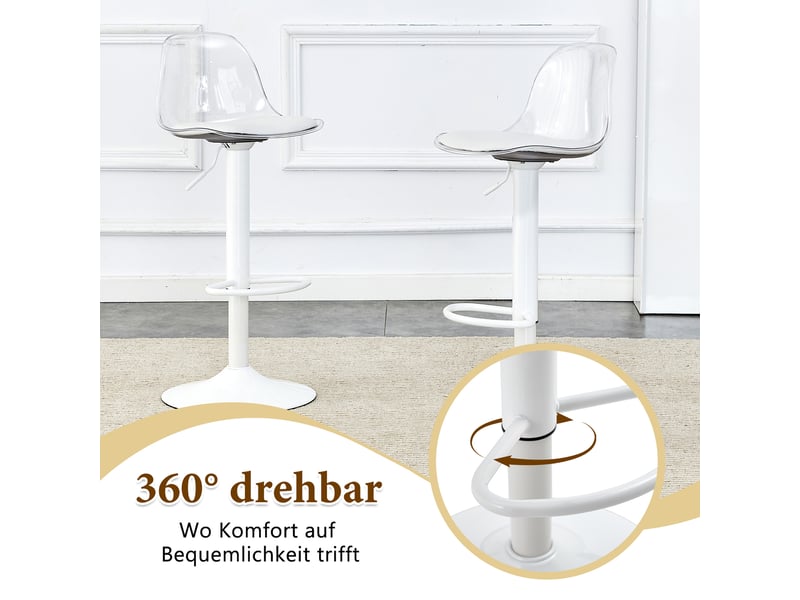  Ensemble table haute et 2 tabourets, table de bar ronde en verre de 89 cm, sièges transparents réglables et pivotants, pieds blancs  - Conforama W