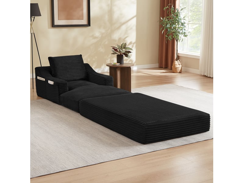  Fauteuil convertible en velours côtelé avec assise modulable et couchage d’appoint, noir  - Conforama C