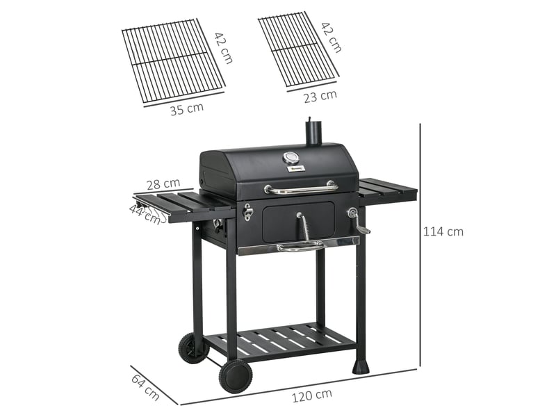  Barbecue charbon de bois avec 2 grilles, tablettes rabattables, chariot et rangement – noir – acier inoxydable  - Conforama C