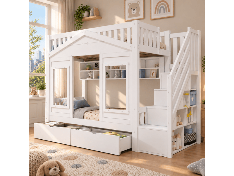  Lit superposé cabane 90 x 200 cm avec escalier de rangement et fenêtre décorative, tiroirs sous le couchage inférieur, pin, blanc Morn Vibe - Conforama C
