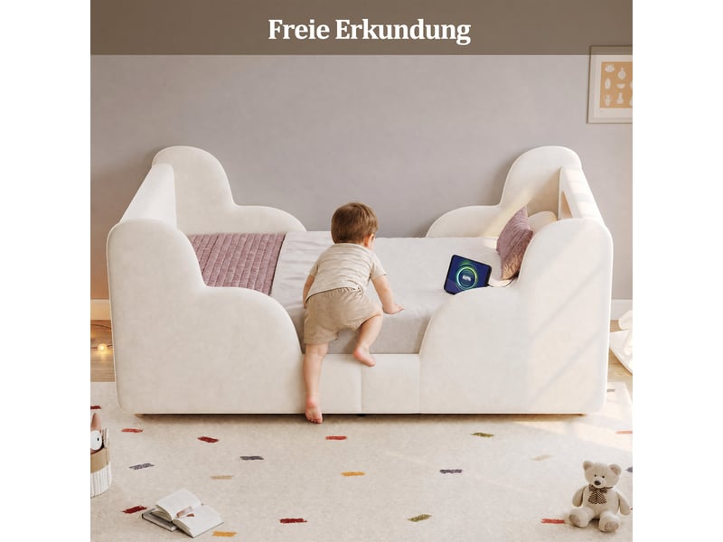  Lit enfant rembourré 90x200 cm avec garde-corps rembourrés, veilleuse, port usb-c et sommier à lattes, velours beige  - Conforama E