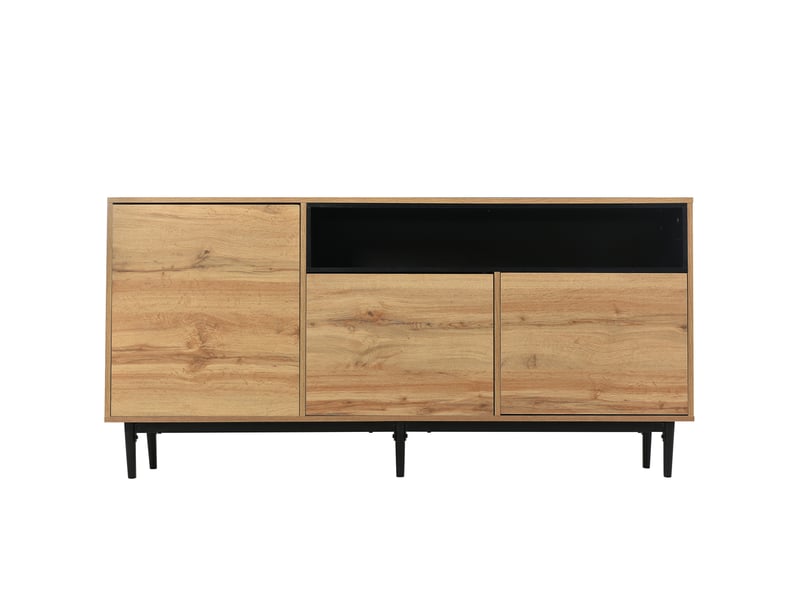  Buffet bas enfilade 160x35x76cm grand rangement séjour | design industriel bois et métal | 3 portes et niche ouverte - chêne et noir  - Conforama A