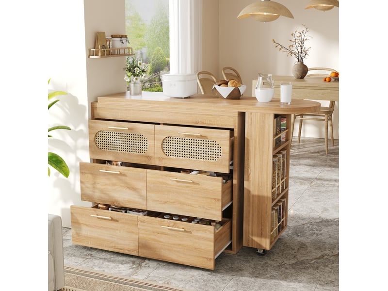  Table de bar extensible et rotative 128-203 cm avec 6 tiroirs en mdf naturel  - Conforama E