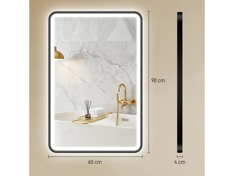  Miroir de salle de bain led 90 x 60 cm – noir – éclairage 3 couleurs, antibuée, dimmable et tactile  - Conforama C