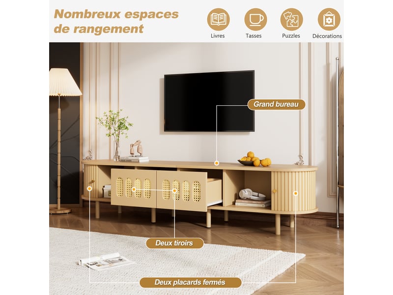  Meuble tv 180 cm pour écran jusqu’à 75 pouces, 2 portes effet rotin, 2 portes à rideau, forme ovale, grand rangement, mdf effet bois naturel  - Conforama E