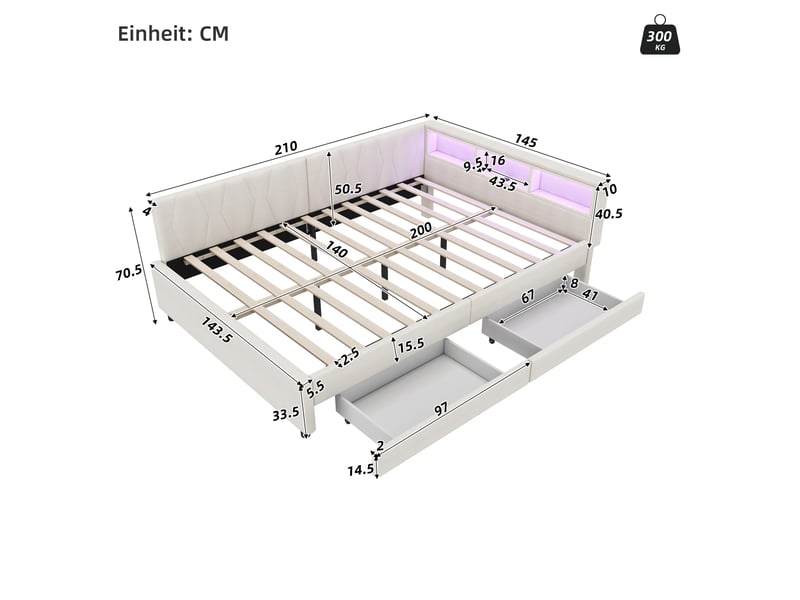  Lit de jour, 140 x 200 cm, canapé-lit, compartiment de rangement près du lit, ports usb et type c, bande lumineuse led, lit avec deux tiroirs, sommier à lattes (sans matelas), lin, beige  - Conforama C