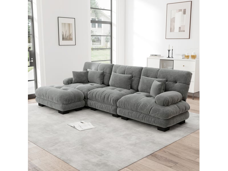  Canapé modulable 3 places modenvie en chenille gris avec ottomans mobiles 313 x 145 x 81 cm  - Conforama D