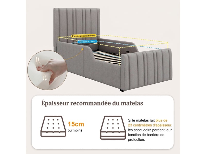  Lit enfant 90x200 lit coffre hydraulique capitonné gris avec sommier  - Conforama D