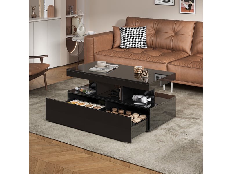  Table basse 104x53cm noir brillant et noir - design moderne avec éclairage led, 2 tiroirs et prise européenne standard  - Conforama E
