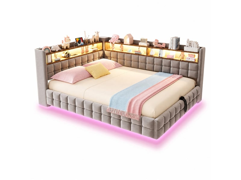  Lit banquette 140 × 200 cm 2 places avec coffre hydraulique, led, étagères, usb et type-c, sans matelas, gris clair  - Conforama A