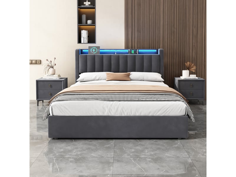  Lit 140 x 190 cm en velours gris foncé avec rangement, port usb et éclairage led  - Conforama C