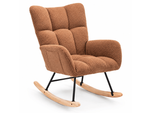 Fauteuil à bascule en tissu teddy avec poche, base en bois massif, marron