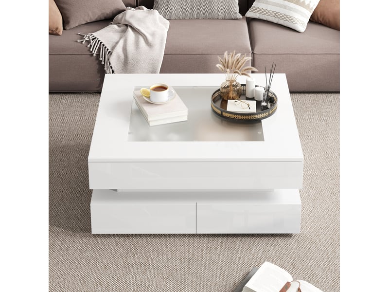  Table basse 70x70x35 cm led 3 tiroirs panneau de particules blanc  - Conforama E