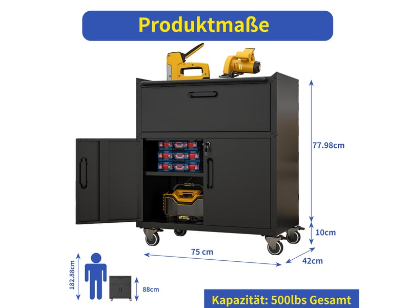  Armoire à outils sur roulettes 75x42x88 cm noire en métal, 1 tiroir, 2 portes verrouillables pour garage  - Conforama C