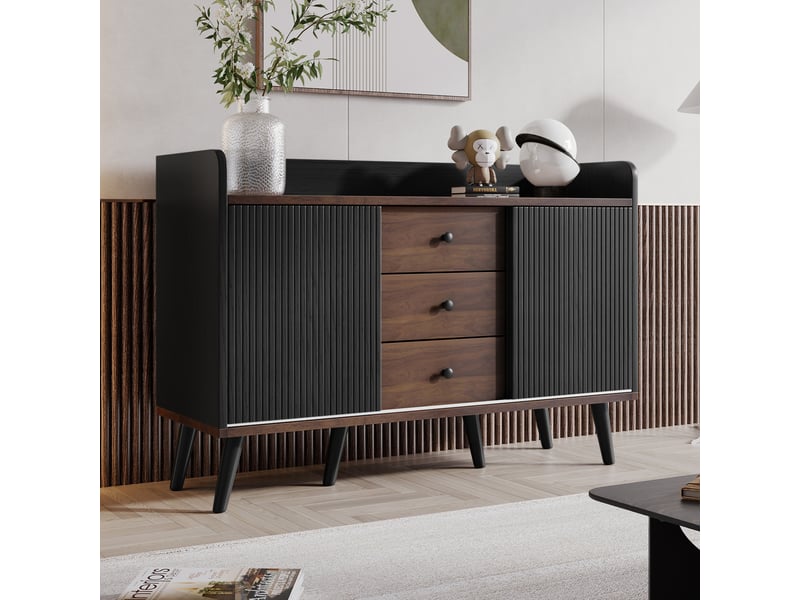  Buffet noir et bois avec 3 tiroirs et portes coulissantes rayées, meuble de rangement moderne pour salon, 117,5x40x80 cm  - Conforama B