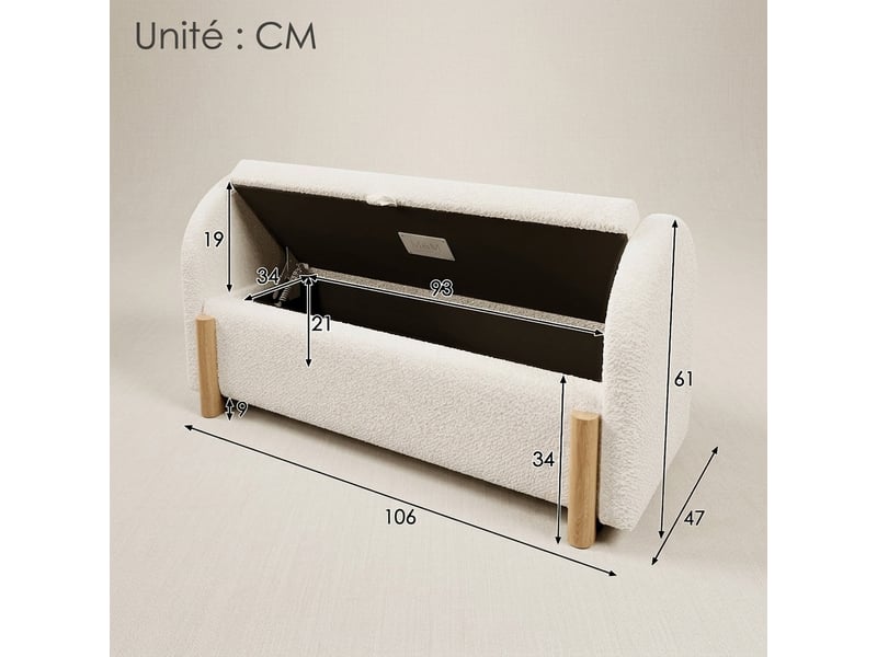  Banc de lit blanc 106 cm avec coffre, tissu bouclette et pieds en bois  - Conforama C