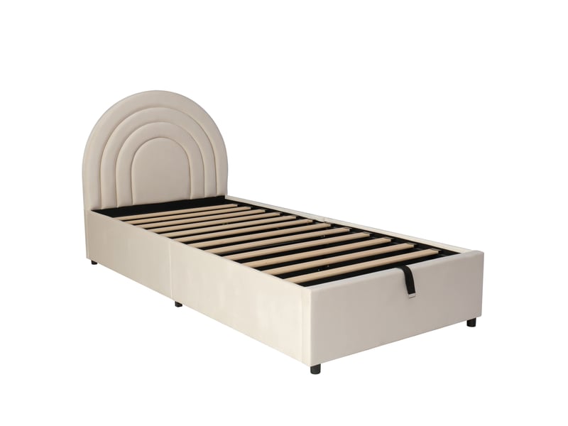 Lit coffre 90x200 cm en velours beige avec tête de lit rembourrée - Conforama R