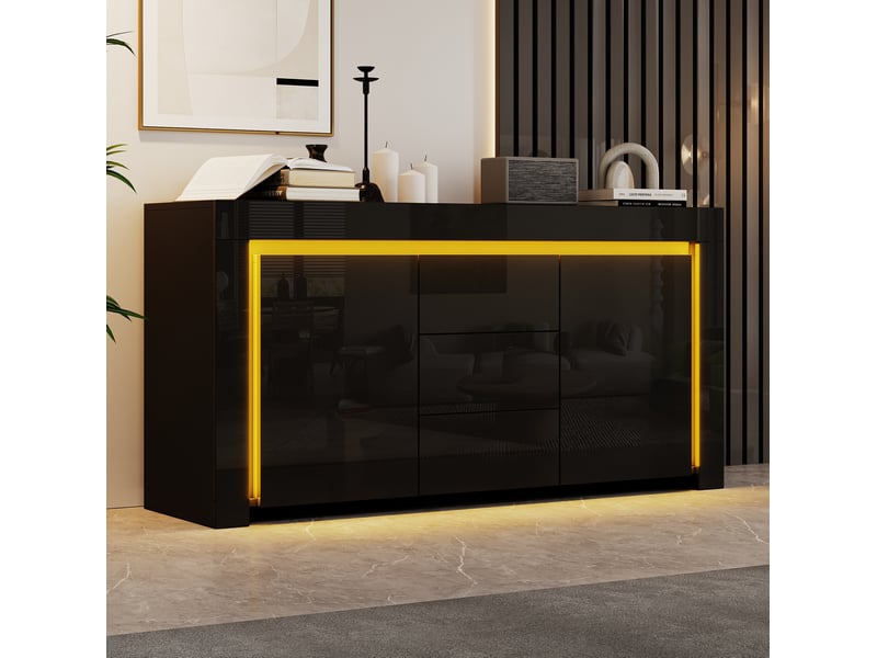  Buffet bas 140 x 40 x 65 cm noir, 2 portes, 3 tiroirs, led et étagères réglables  - Conforama E