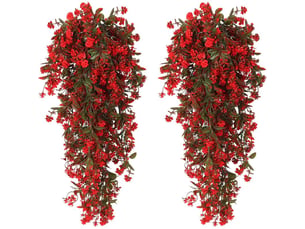 Lot de 2 plantes retombantes artificielles rouges avec fleurs et feuillage vert, décoration sans entretien résistante aux uv pour jardin et terrasse