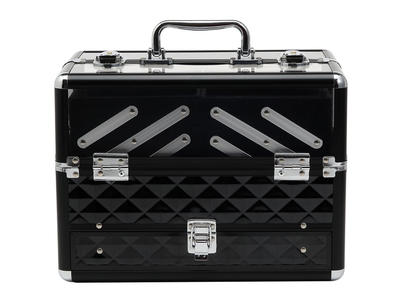 Trousse de maquillage & bijoux portable multi-niveaux, alliage aluminium, poignée, plateaux dépliables, 30 x 18,5 x 22 cm, transparent noir - Conforama B