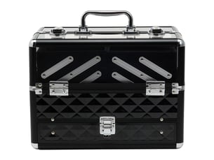 Trousse de maquillage & bijoux portable multi-niveaux, alliage aluminium, poignée, plateaux dépliables, 30 x 18,5 x 22 cm, transparent noir