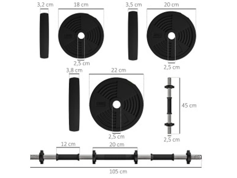  Set haltères et barre 2-en-1 25 kg 105 cm – noir et vert – poignées antidérapantes, protège-sol  - Conforama C