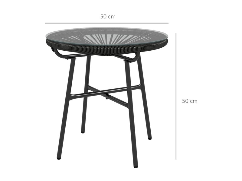Table d’appoint de jardin ronde 50 x 50 x 50 cm noire en résine tressée et verre trempé, style bohème extérieur - Conforama C