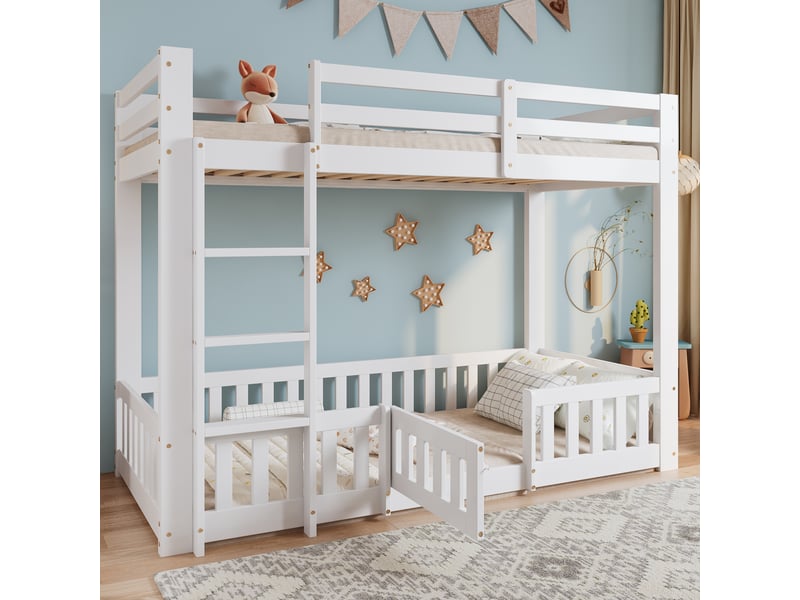 Lit superposé 90x200 cm – lit enfant gain de place avec escalier d'angle et garde-corps – bois de pin – blanc CozyNest - Conforama E