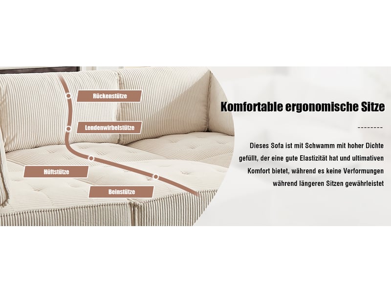  Canapé modulable 6 places beige, tissu côtelé, structure métal et bois, design panoramique, rangement intégré, salon spacieux  - Conforama W