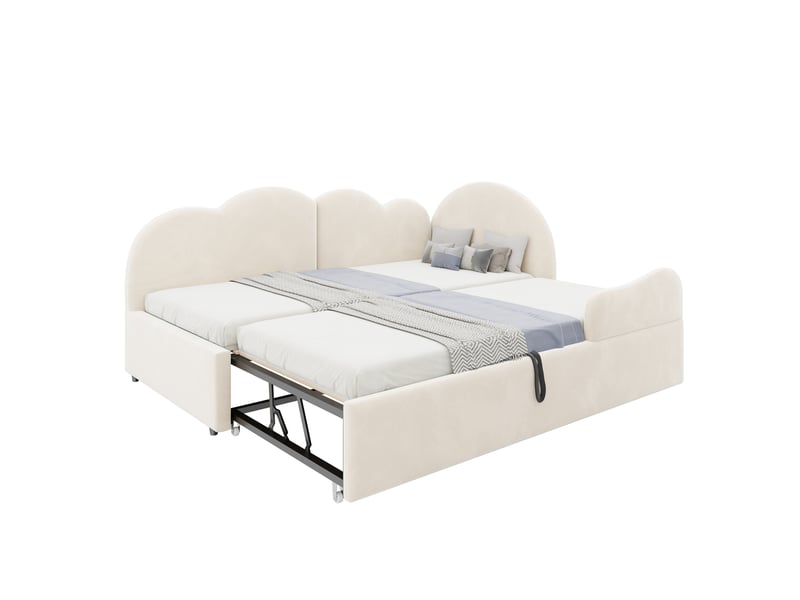  Lit superposé en l 90x200+90x190 cm, tête de lit nuage, velours beige, sans matelas  - Conforama A