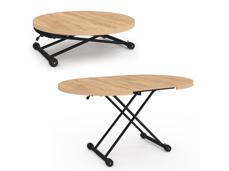 Table basse extensible relevable en table à manger ronde altura plateau façon hêtre pied noir design industriel  - Conforama E