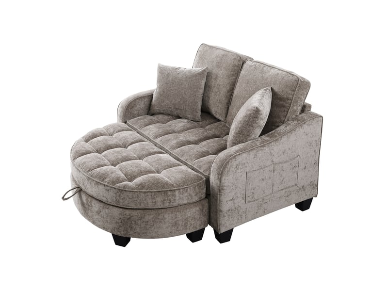Canapé 1 place convertible 2-en-1 139,5x129,5x93 cm, pouf de rangement intégré, cadre en eucalyptus, chenille marron - Conforama E