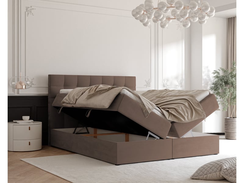  Lit adulte grand - 180x200 cm - matelas ressorts + surmatelas - coffre de rangement - velours dense hydrofuge marron clair GRAND - Conforama C