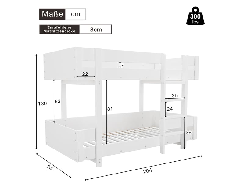 Lit superposé enfant 90x200 cm avec escalier et garde-corps coloris blanc - Conforama C