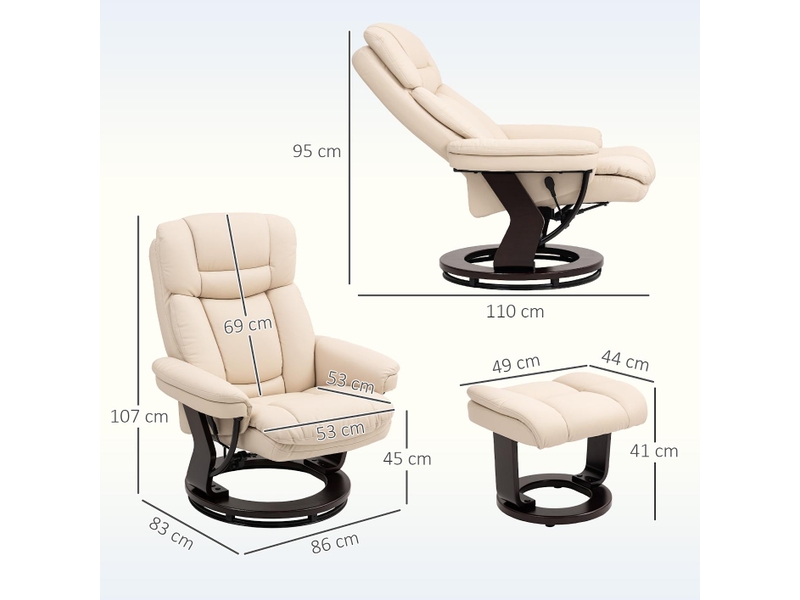  Fauteuil relax avec repose-pieds inclinable similicuir blanc crème 86x83x107cm  - Conforama C