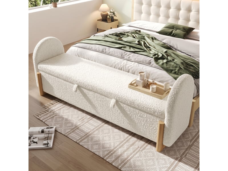  Banc coffre 186 cm avec rangement hydraulique, banquette de lit en bouclé chenille, coffre de rangement avec fermeture douce - beige  - Conforama D