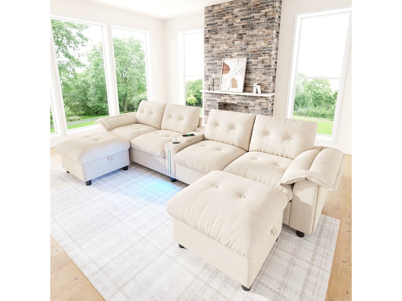 Canapé d'angle modulable - 6 places - forme l - rangements intégrés - éclairage led - usb et type-c - ottomans - pratique - beige CozyNest - Conforama D