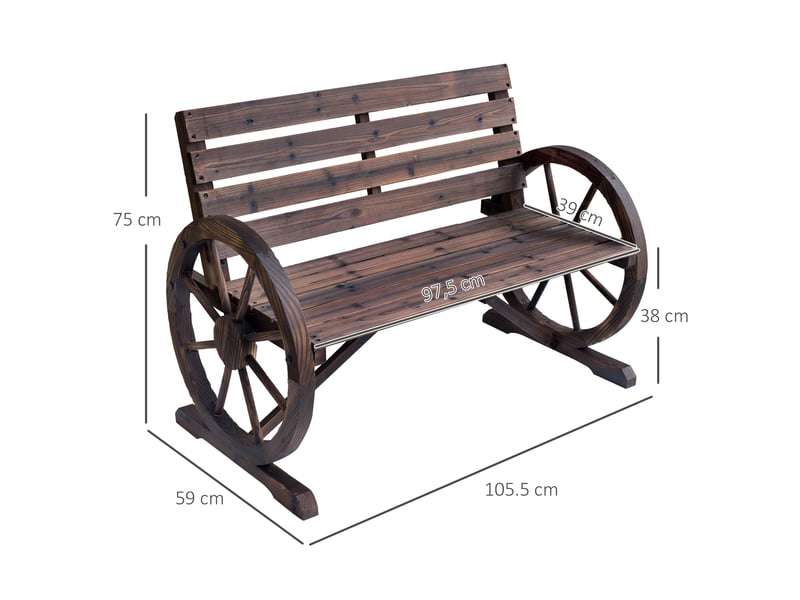  Banc jardin bois, accoudoirs roue, rustique, max 240 kg, 2 places, patioterrasse, 105,5x56x79 cm, carbonisé.  - Conforama E